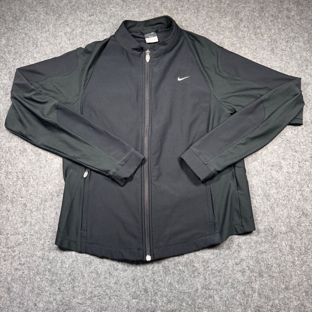 Nike Dri-FIT Full‎ Zip Jacket Womens Large Black Mesh Panel Mock Neck 127772